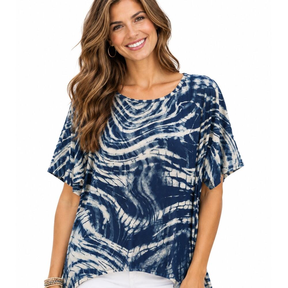 Clara Sun Woo Asymmetrical Top Womens Medium Blue Abstract White Artsy Tunic